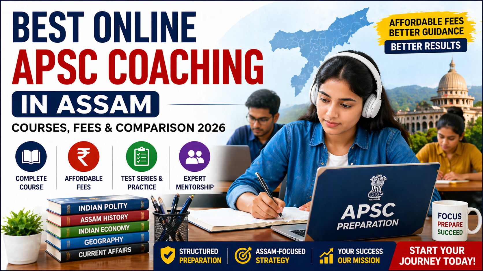 Best online APSC coaching in Assam 2026 thumbnail showing student studying with laptop, course details, fees comparison and preparation icons