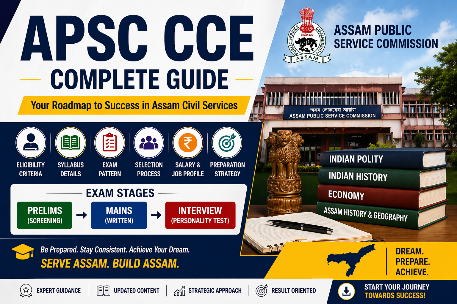 APSC CCE 2026 complete guide infographic showing exam stages, syllabus, eligibility, and Assam Public Service Commission building