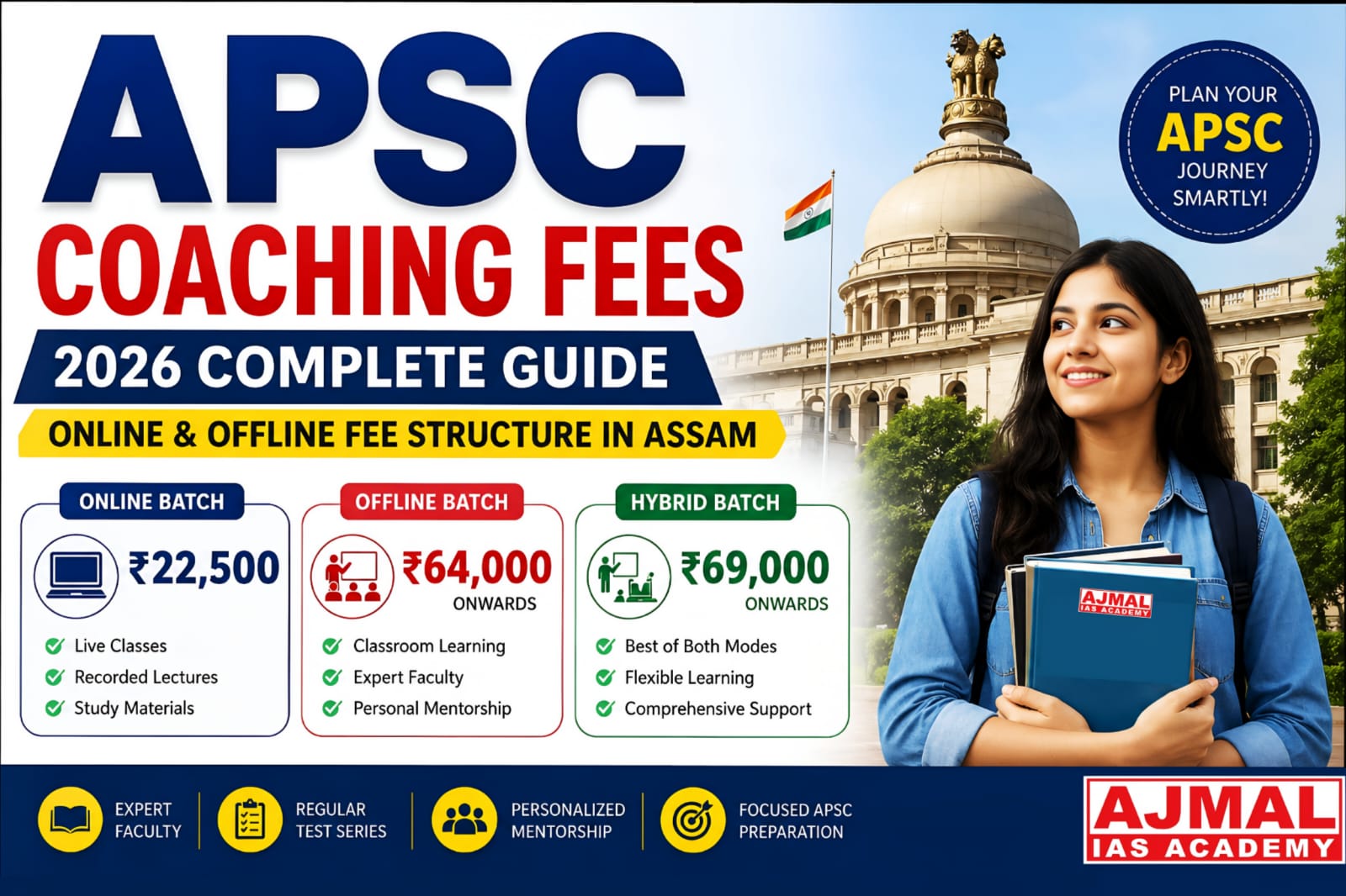 APSC Coaching Fees 2026 in Assam showing online course fee ₹22,500, offline coaching fee ₹64,000, and hybrid course fee ₹69,000 at Ajmal IAS Academy.