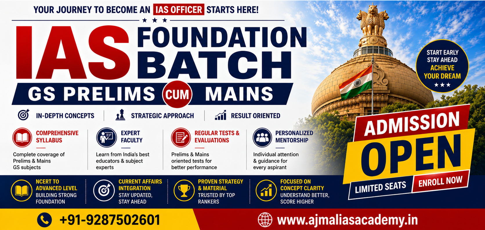 IAS Foundation Batch for UPSC Civil Services Exam preparation with GS Prelims and Mains coaching, expert faculty, mentorship, tests, and current affairs integration at Ajmal IAS Academy.