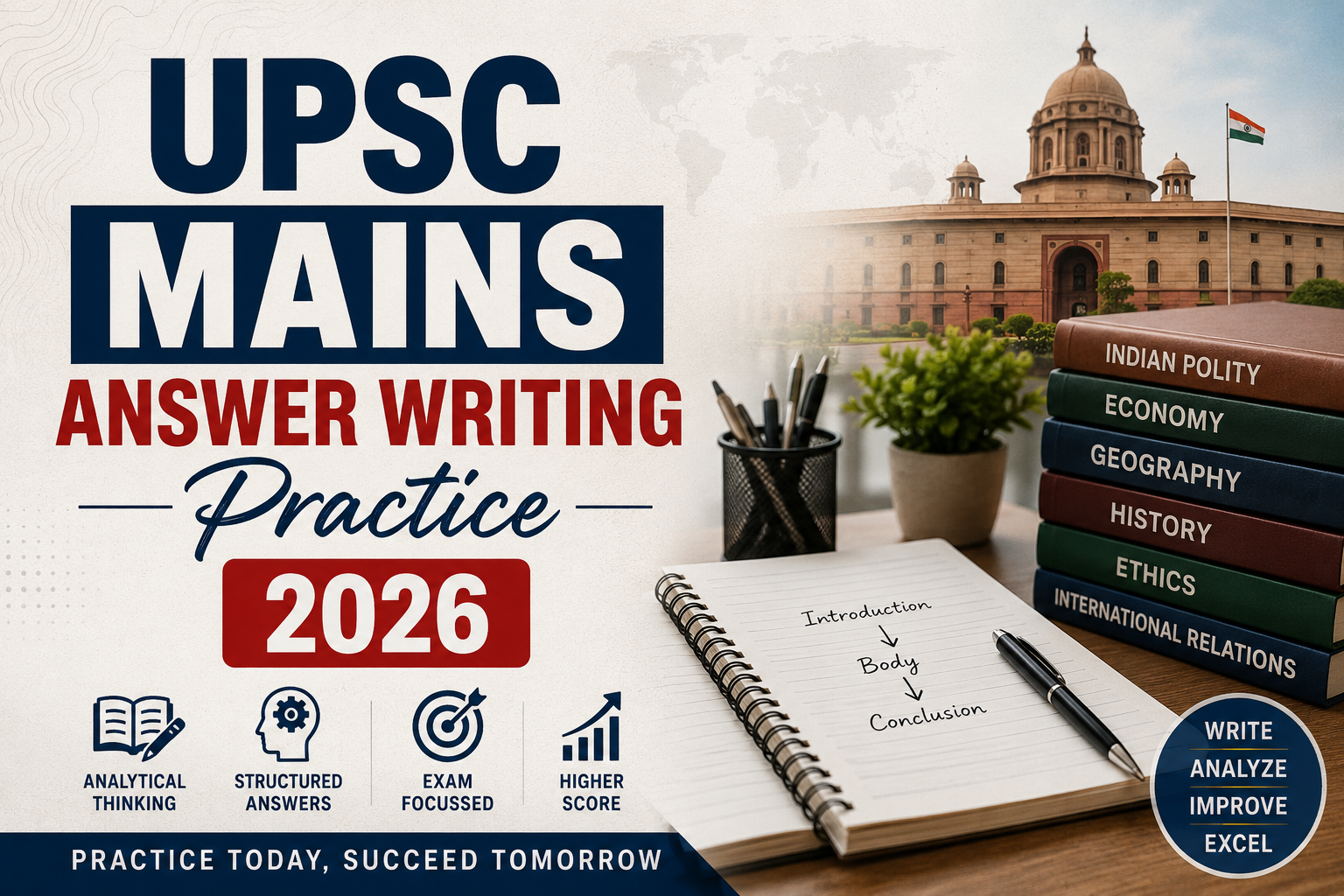 UPSC Mains Answer Writing Practice 2026 featuring answer writing notebook, UPSC study materials, Indian polity, economy, geography, history, ethics and international relations books.