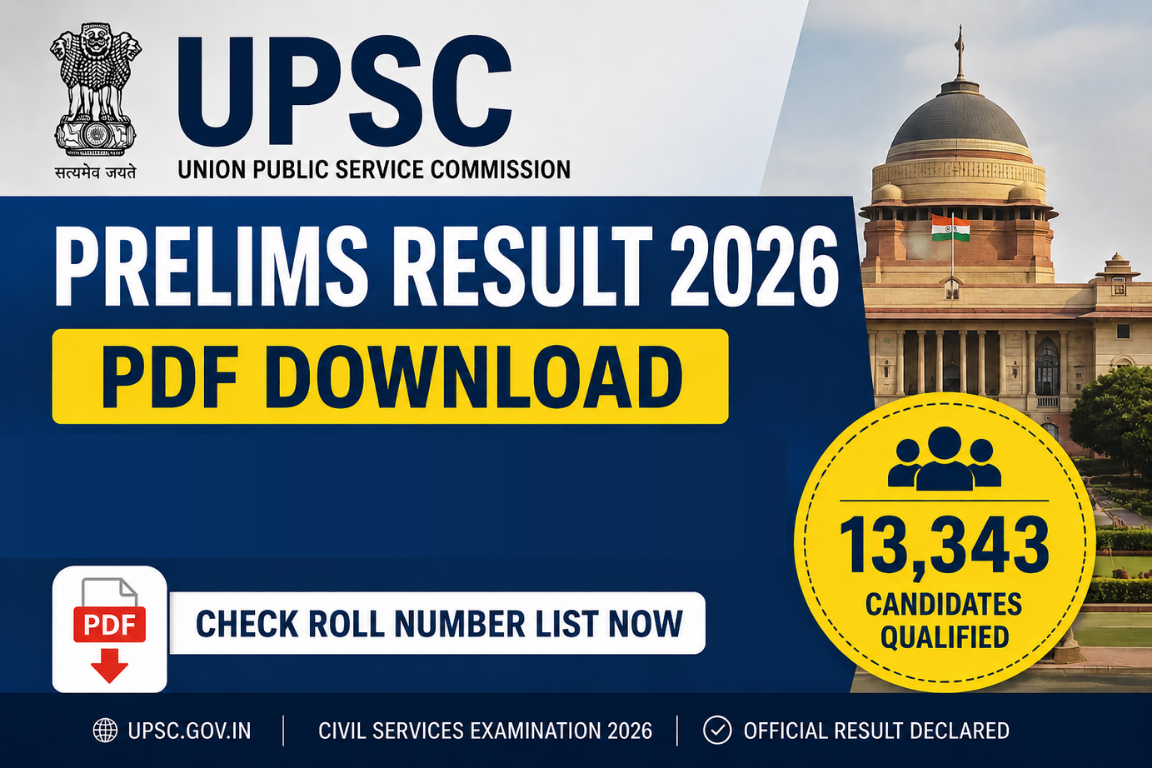 UPSC Prelims Result 2026 PDF Download showing 13,343 candidates qualified for Civil Services Mains examination.